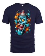Crazy Spray Can Skull Graphic T-Shirt Bold Graffiti Art Tee - navy t-shirt on white background
