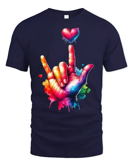 Colorful ASL I Love You Hand Sign T-Shirt Vibrant Heart Art - navy t-shirt on white background