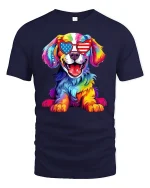 Patriotic Rainbow Dog Graphic T-Shirt USA Sunglasses Art - navy t-shirt on white background