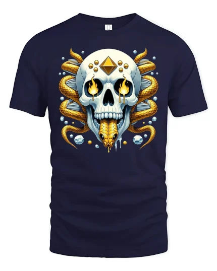 Golden Serpent Skull Graphic T-Shirt Mystic Fantasy Art Tee - navy t-shirt on white background
