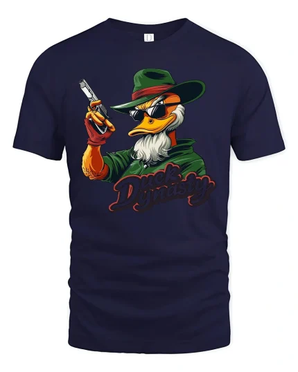 Cool Hunter Duck Graphic T-Shirt Cartoon Duck with Shades Tee - navy t-shirt on white background