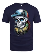 Colorful Bearded Skull Graphic T-Shirt Cool Urban Art Tee - navy t-shirt on white background