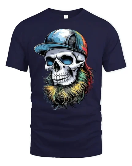 Colorful Bearded Skull Graphic T-Shirt Cool Urban Art Tee - navy t-shirt on white background