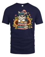 Cute Cat on Books Sunflower Graphic T-Shirt Cozy Reader Tee - navy t-shirt on white background