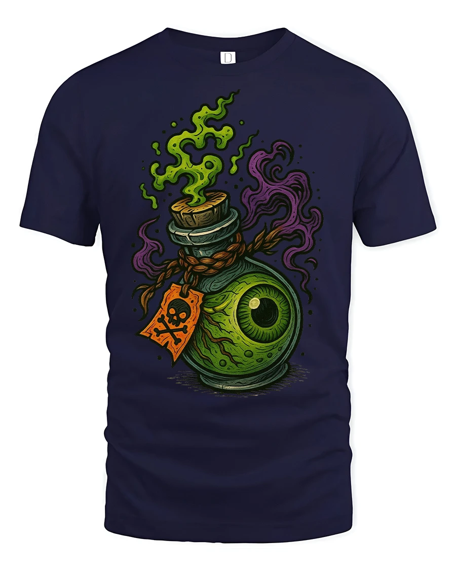 Creepy Eyeball Potion Graphic T-Shirt Spooky Fantasy Art Tee - 1 Creepy Eyeball Potion Graphic T-Shirt Spooky Fantasy Art Tee - navy t-shirt on white background