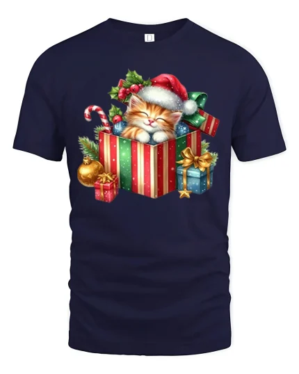Cute Christmas Cat in Gift Box T-Shirt Festive Holiday Graphic - navy t-shirt on white background