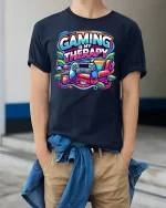Gaming Is My Therapy Graphic T-Shirt for Gamers Comfort Fit - model wearing navy tee with hands in pockets