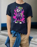 Neon Street Skull Character Graphic T-Shirt Urban Art Tee - model wearing navy tee with hands in pockets