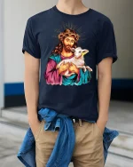 Jesus Holding Lamb Graphic T-Shirt Christian Inspirational Tee - model wearing navy tee with hands in pockets
