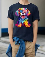 Patriotic Rainbow Dog Graphic T-Shirt USA Sunglasses Art - model wearing navy tee with hands in pockets