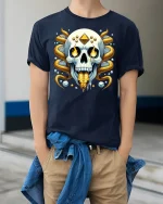 Golden Serpent Skull Graphic T-Shirt Mystic Fantasy Art Tee - model wearing navy tee with hands in pockets