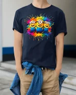 Color Splash Cartoon Trio Graphic T-Shirt Fun Vibrant Art Tee - model wearing navy tee with hands in pockets