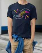 Colorful Feather Dragonfly Graphic T-Shirt Artistic Nature Tee - model wearing navy tee with hands in pockets