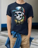 Colorful Bearded Skull Graphic T-Shirt Cool Urban Art Tee - model wearing navy tee with hands in pockets