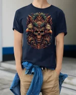 Eagle Guardian Skull T-Shirt Epic Detailed Dark Art Design - model wearing navy tee with hands in pockets