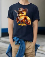 Cowboy Owl Graphic T-Shirt Western Style Cute Bird Tee - model wearing navy tee with hands in pockets