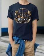 Justice Served Graphic T-Shirt Scales of Law Attorney Tee - model wearing navy tee with hands in pockets