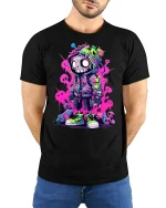 Neon Street Skull Character Graphic T-Shirt Urban Art Tee - model wearing black tee with hands behind back