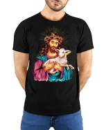 Jesus Holding Lamb Graphic T-Shirt Christian Inspirational Tee - model wearing black tee with hands behind back