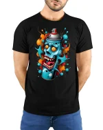 Crazy Spray Can Skull Graphic T-Shirt Bold Graffiti Art Tee - model wearing black tee with hands behind back