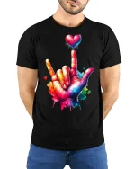Colorful ASL I Love You Hand Sign T-Shirt Vibrant Heart Art - model wearing black tee with hands behind back