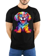 Patriotic Rainbow Dog Graphic T-Shirt USA Sunglasses Art - model wearing black tee with hands behind back