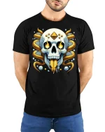Golden Serpent Skull Graphic T-Shirt Mystic Fantasy Art Tee - model wearing black tee with hands behind back