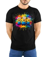 Color Splash Cartoon Trio Graphic T-Shirt Fun Vibrant Art Tee - model wearing black tee with hands behind back
