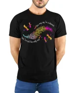 Colorful Feather Dragonfly Graphic T-Shirt Artistic Nature Tee - model wearing black tee with hands behind back