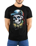 Colorful Bearded Skull Graphic T-Shirt Cool Urban Art Tee - model wearing black tee with hands behind back