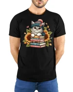 Cute Cat on Books Sunflower Graphic T-Shirt Cozy Reader Tee - model wearing black tee with hands behind back