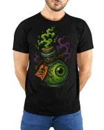 Creepy Eyeball Potion Graphic T-Shirt Spooky Fantasy Art Tee - model wearing black tee with hands behind back