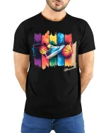 Colorful Basketball Sneaker Graphic T-Shirt Sport Style Tee - model wearing black tee with hands behind back
