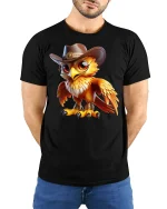 Cowboy Owl Graphic T-Shirt Western Style Cute Bird Tee - model wearing black tee with hands behind back