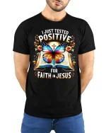 Positive for Faith in Jesus T-Shirt Bible Butterfly Graphic Tee - model wearing black tee with hands behind back