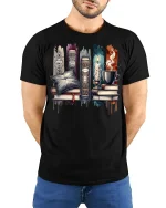 Cozy Book Lover Graphic T-Shirt Candle Coffee Library Art - model wearing black tee with hands behind back