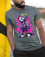 Neon Street Skull Character Graphic T-Shirt Urban Art Tee - model wearing grey tee, leaning on column