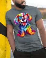 Patriotic Rainbow Dog Graphic T-Shirt USA Sunglasses Art - model wearing grey tee, leaning on column