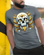 Golden Serpent Skull Graphic T-Shirt Mystic Fantasy Art Tee - model wearing grey tee, leaning on column