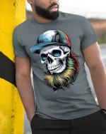 Colorful Bearded Skull Graphic T-Shirt Cool Urban Art Tee - model wearing grey tee, leaning on column