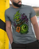 Creepy Eyeball Potion Graphic T-Shirt Spooky Fantasy Art Tee - model wearing grey tee, leaning on column