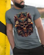 Eagle Guardian Skull T-Shirt Epic Detailed Dark Art Design - model wearing grey tee, leaning on column