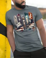 Cozy Book Lover Graphic T-Shirt Candle Coffee Library Art - model wearing grey tee, leaning on column
