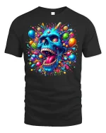 Psychedelic Candy Explosion Blue Skull Art T-Shirt - black t-shirt on white background