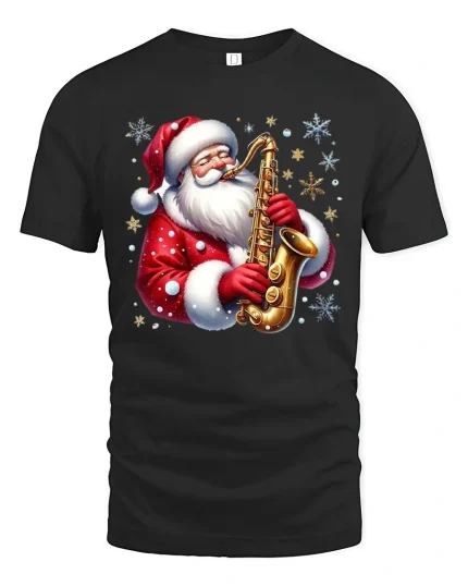 Cool Saxophone Santa Christmas Music Party T-Shirt - black t-shirt on white background