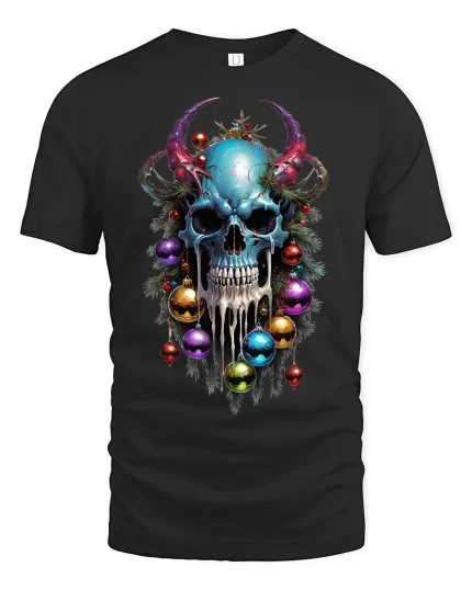 Dark Christmas Skull Horns Ornament Horror T-Shirt - black t-shirt on white background