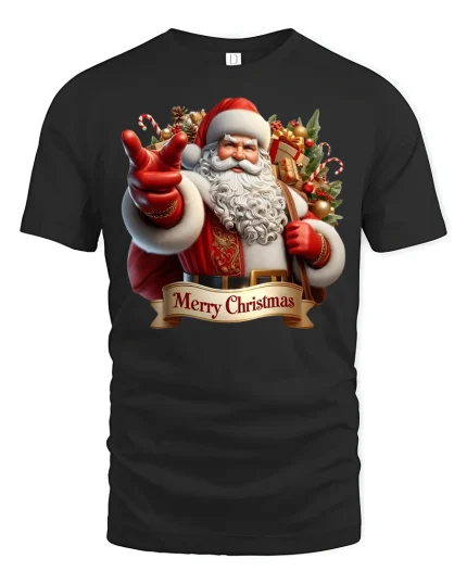 Classic Merry Christmas Santa Pointing Holiday T-Shirt - black t-shirt on white background