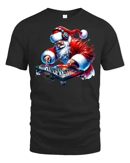 DJ Santa Mixing Decks Christmas Party Music T-Shirt - black t-shirt on white background