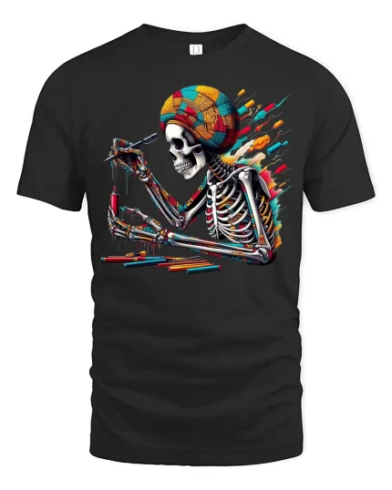Colorful Artist Skeleton Paintbrush Creative T-Shirt - black t-shirt on white background
