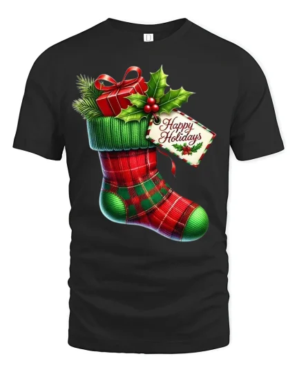 Festive Christmas Stocking Happy Holidays T-Shirt - black t-shirt on white background